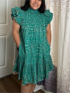 Oliphant Ruffled Midi Dress Size S 100% Cotton Green Old Money Boho